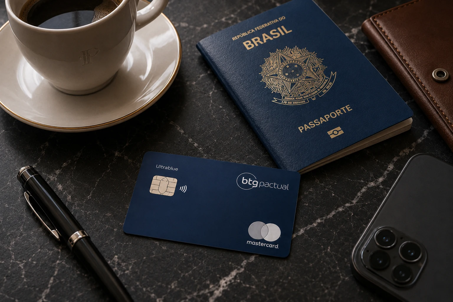 Passaporte brasileiro e cartão BTG Pactual sobre uma mesa